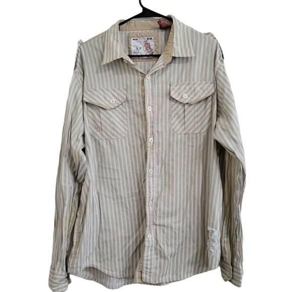 Akademiks Lot 99 Button Front Shirt Mens Size 2XL Tan Striped Long Sleeve - Picture 2 of 4